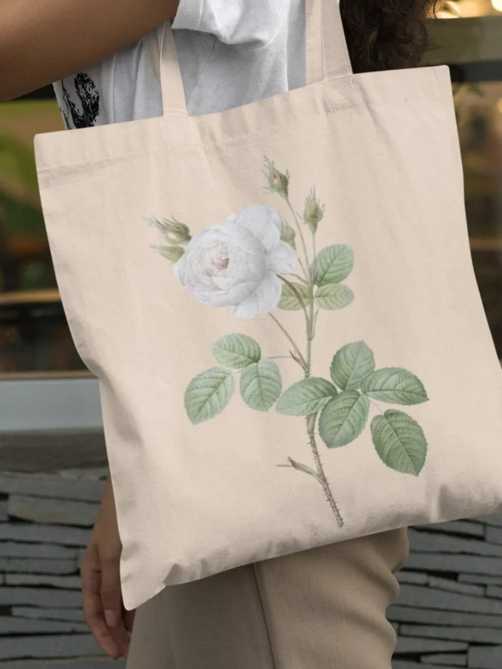 White Moss Rose Vintage Floral Print Graphic Canvas Tote Bag